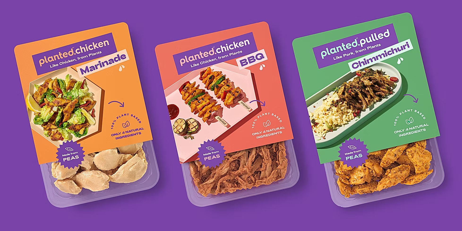 Three redesigned packs on a purple background: planted.chicken Marinade, planted.chicken BBQ and planted.pulled Chimichurri